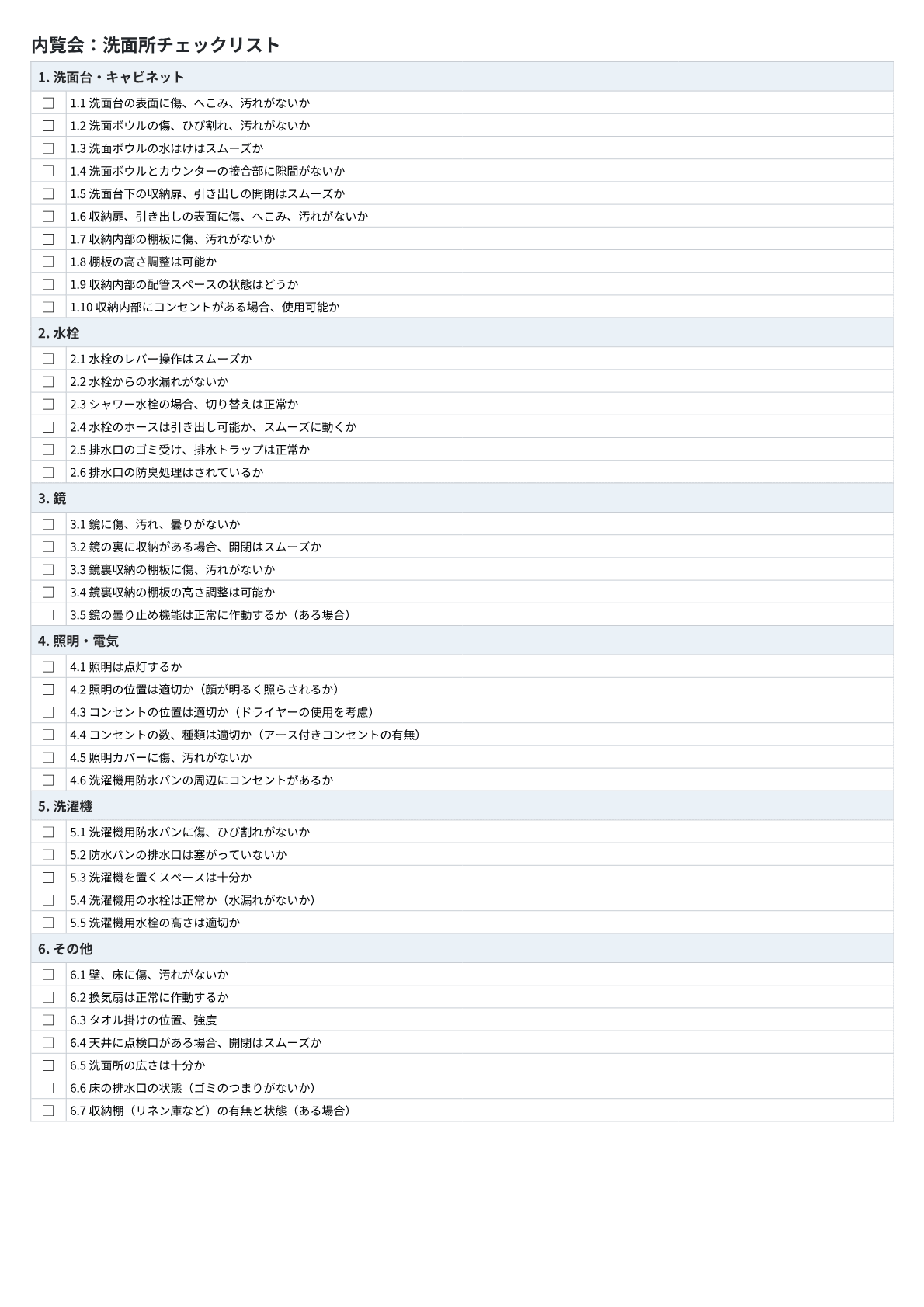 洗面所チェックリストのプレビュー