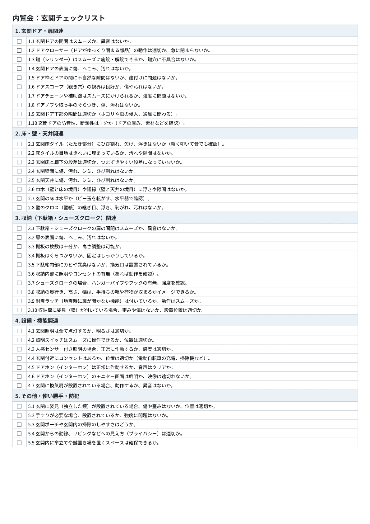 玄関チェックリストのプレビュー