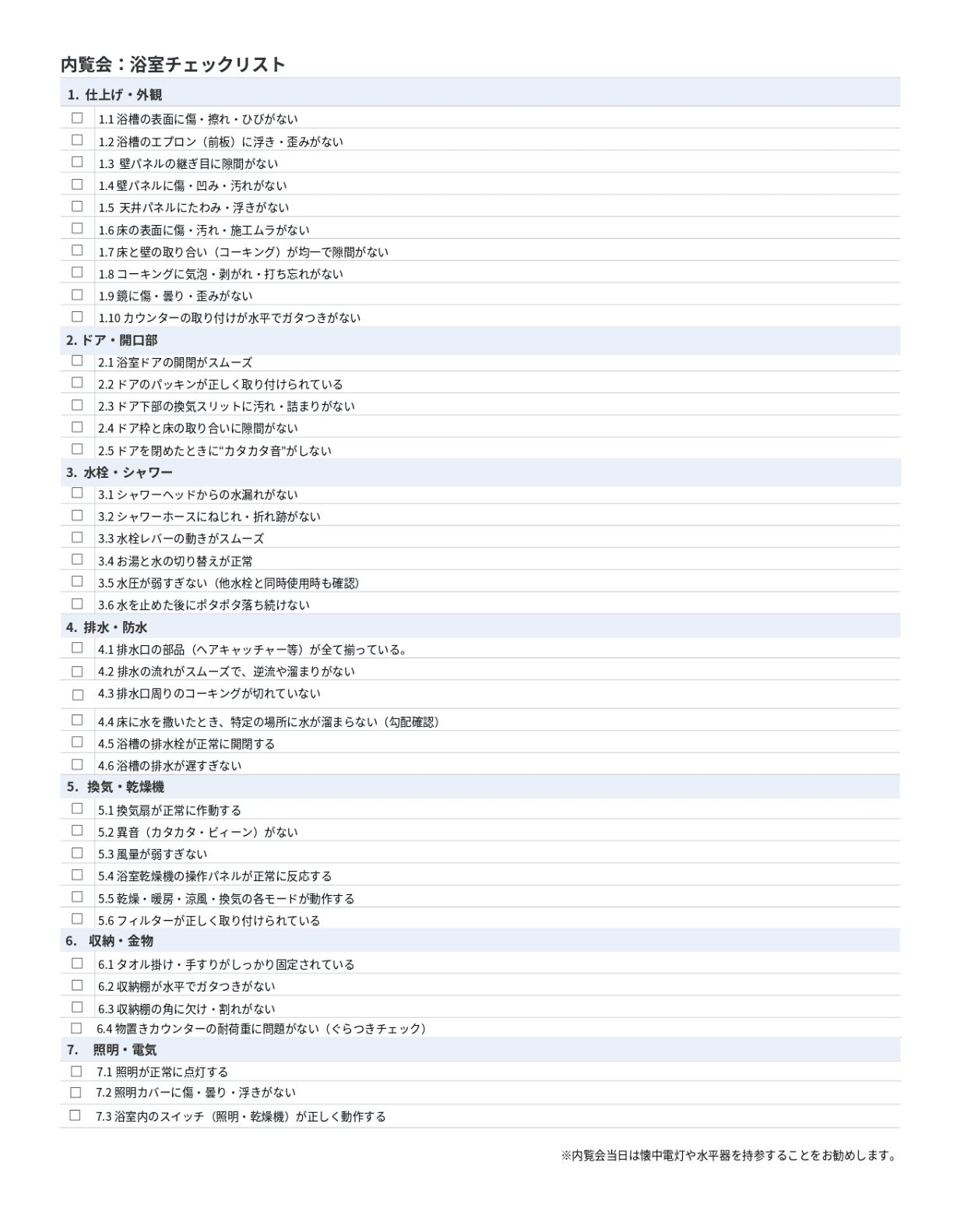 浴室チェックリストのプレビュー